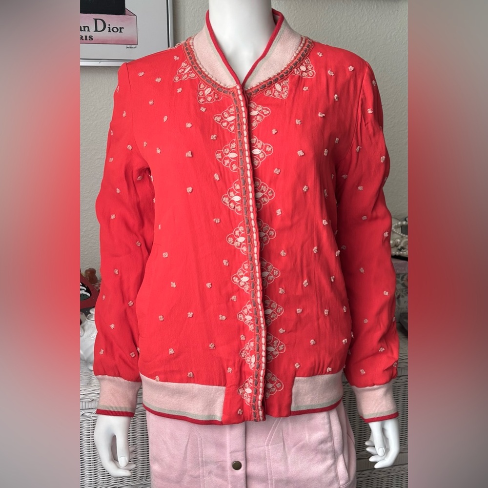 Anthropologie Conditions Apply Arabella Bomber Jacket Embroidered in Red Size L - Picture 2 of 13